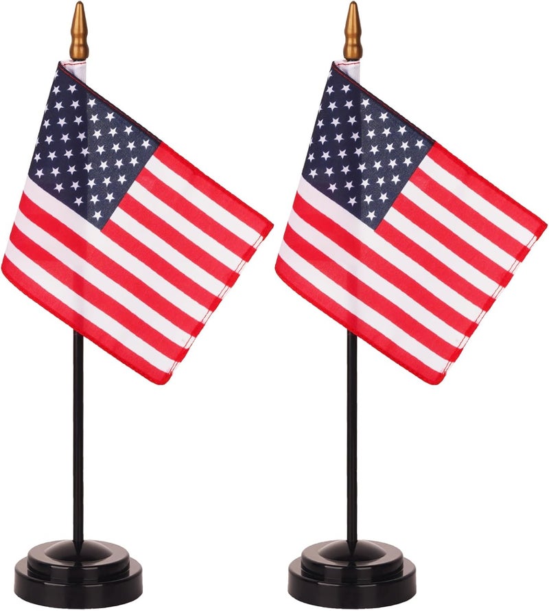 Wuliim Premiun USA Desk Flag Set - 2 Pack | Miniature American Desktop Office Table Flags 4" x 6" with 12" Solid Pole, Black Base and Spear Top Vivid Color and Fade Resistant - Image 1